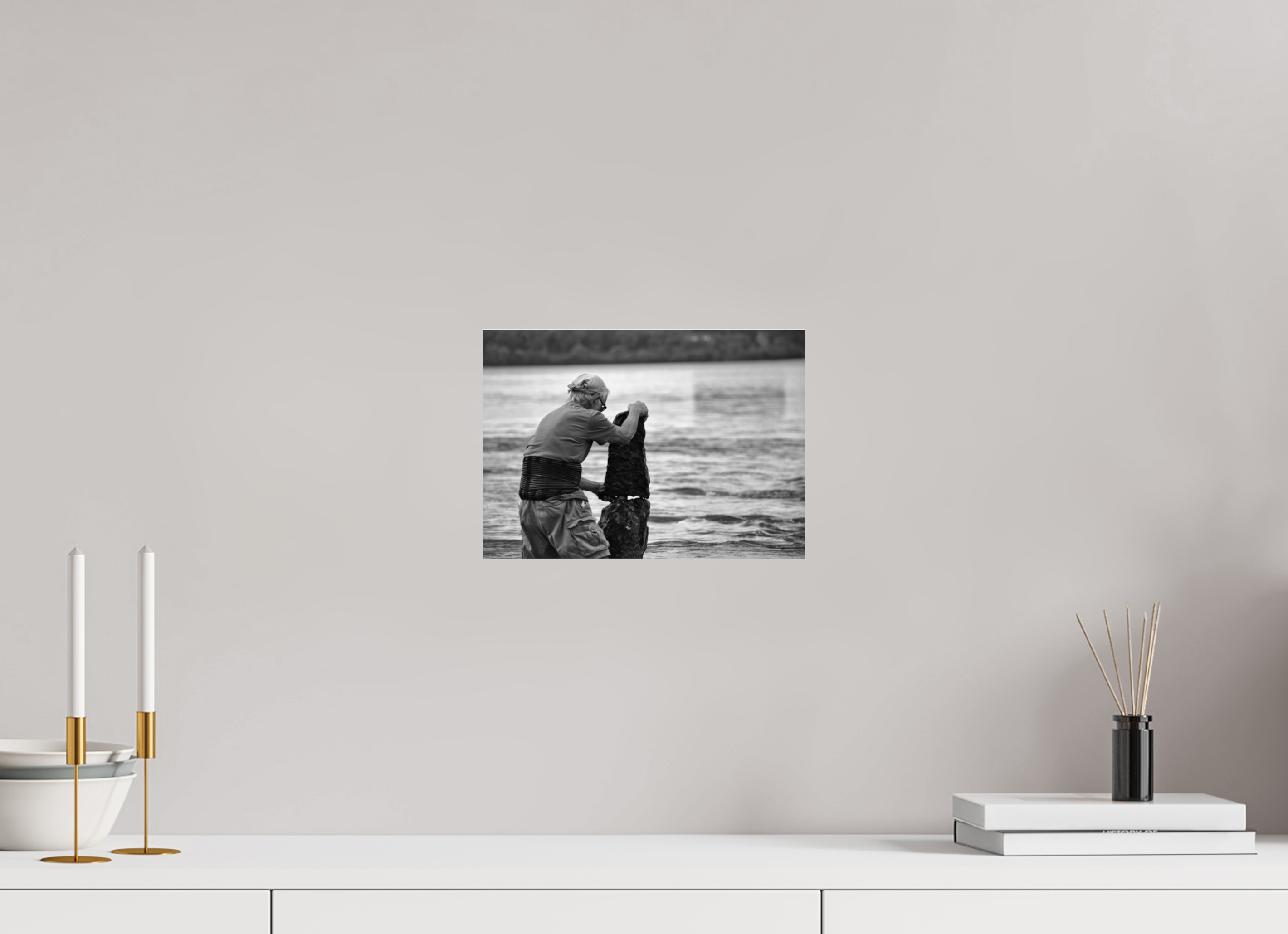 28 x 20 cm, B&W Baseline, No Frame, Rails. Balancing River Stones