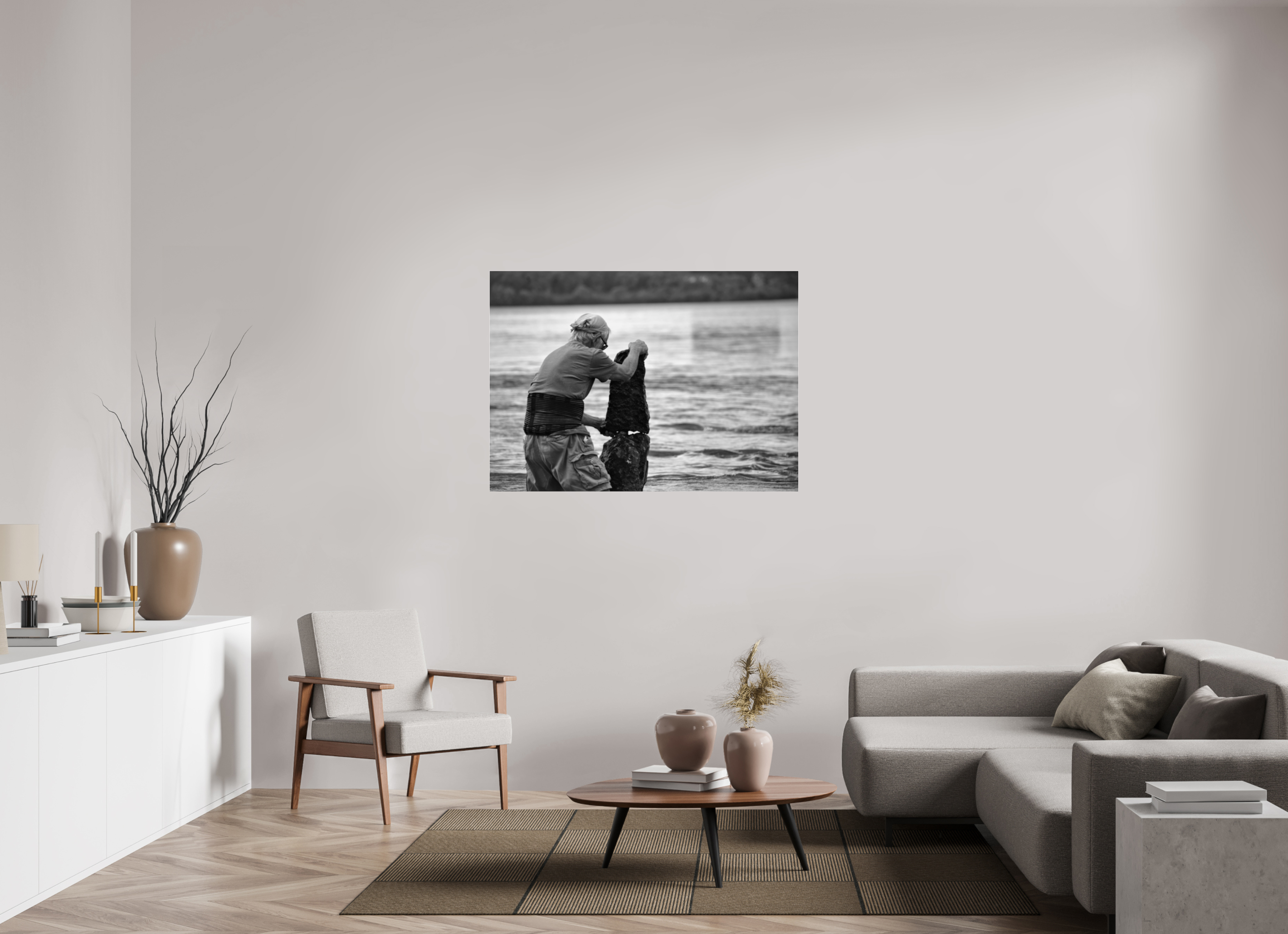 126 x 90 cm, B&W Baseline, No Frame, Rails. Balancing River Stones