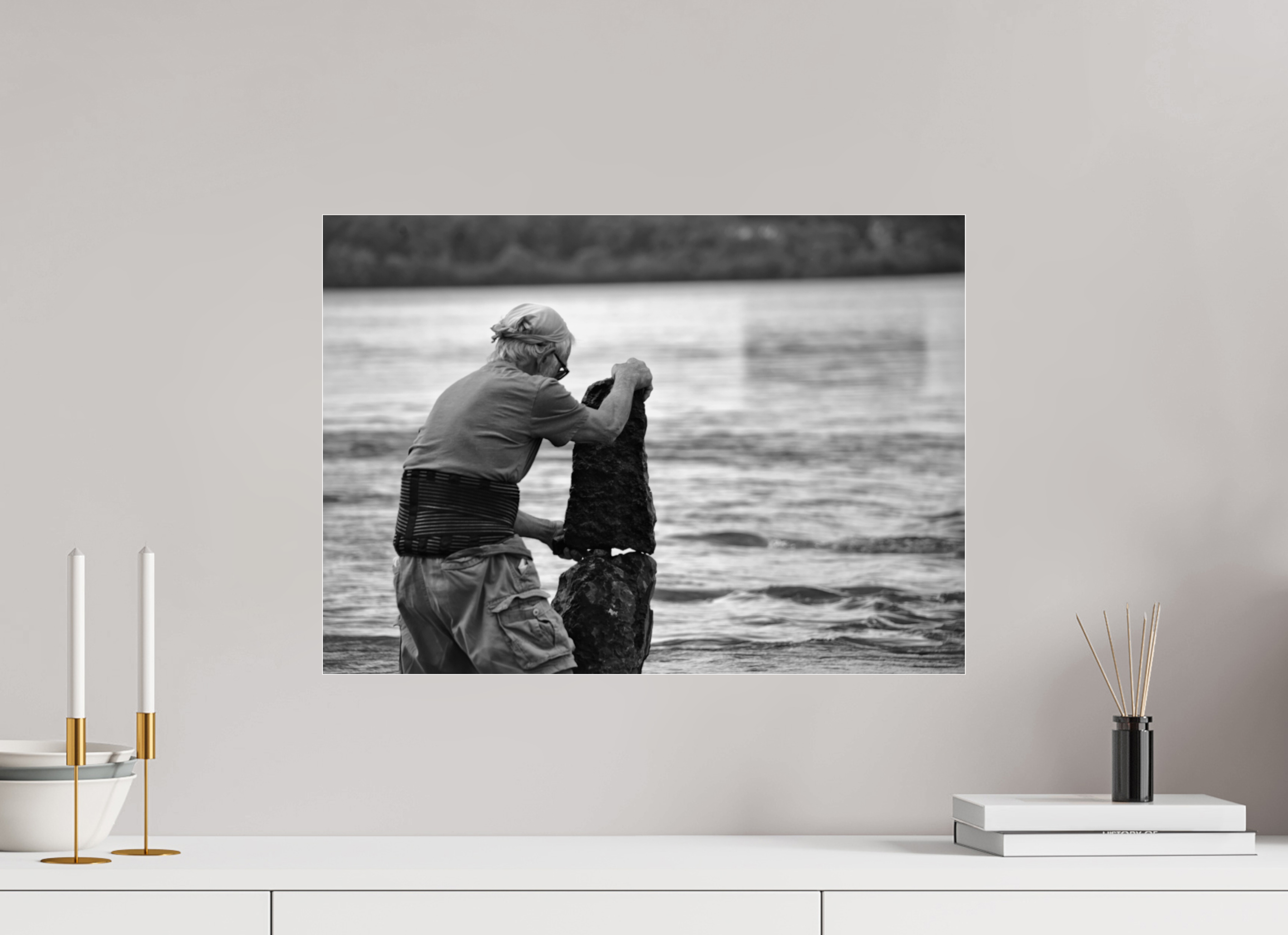 56 x 40 cm, B&W Baseline, No Frame, Rails. Balancing River Stones