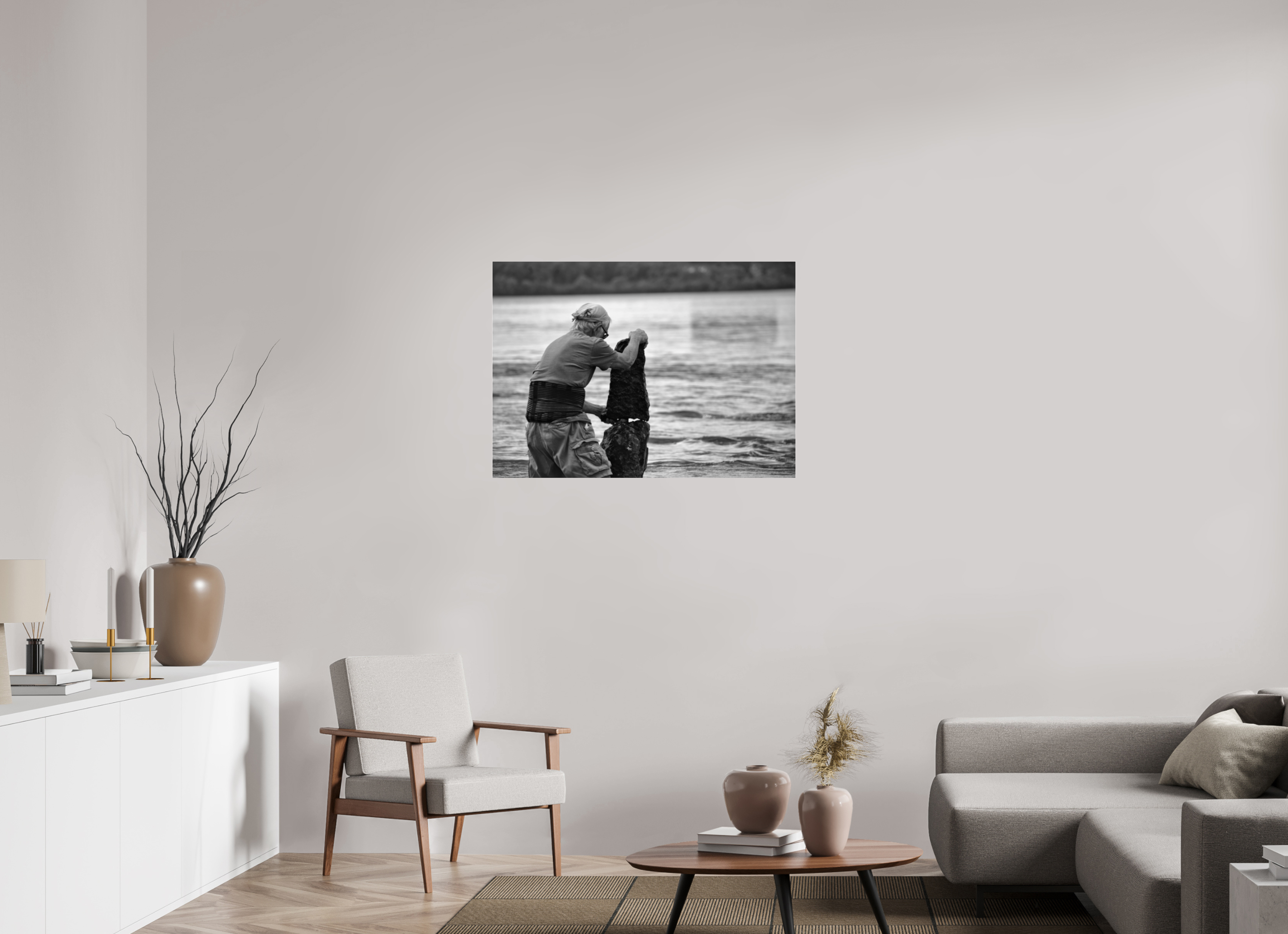 98 x 70 cm, B&W Baseline, No Frame, Rails. Balancing River Stones