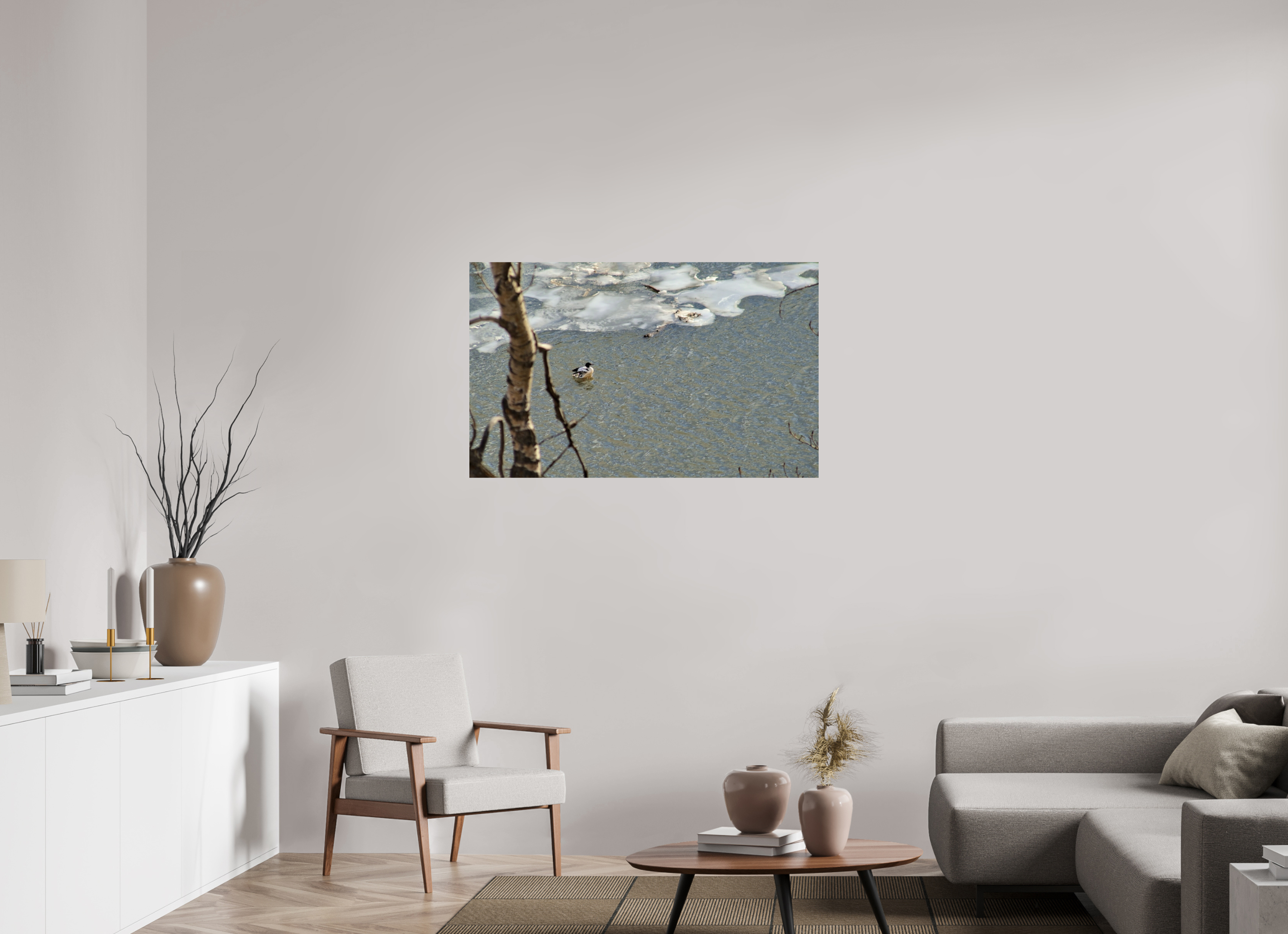 113.3 x 70 cm, Photo Print On Fuji Crystal DP II Duck along the thawing Elbow River