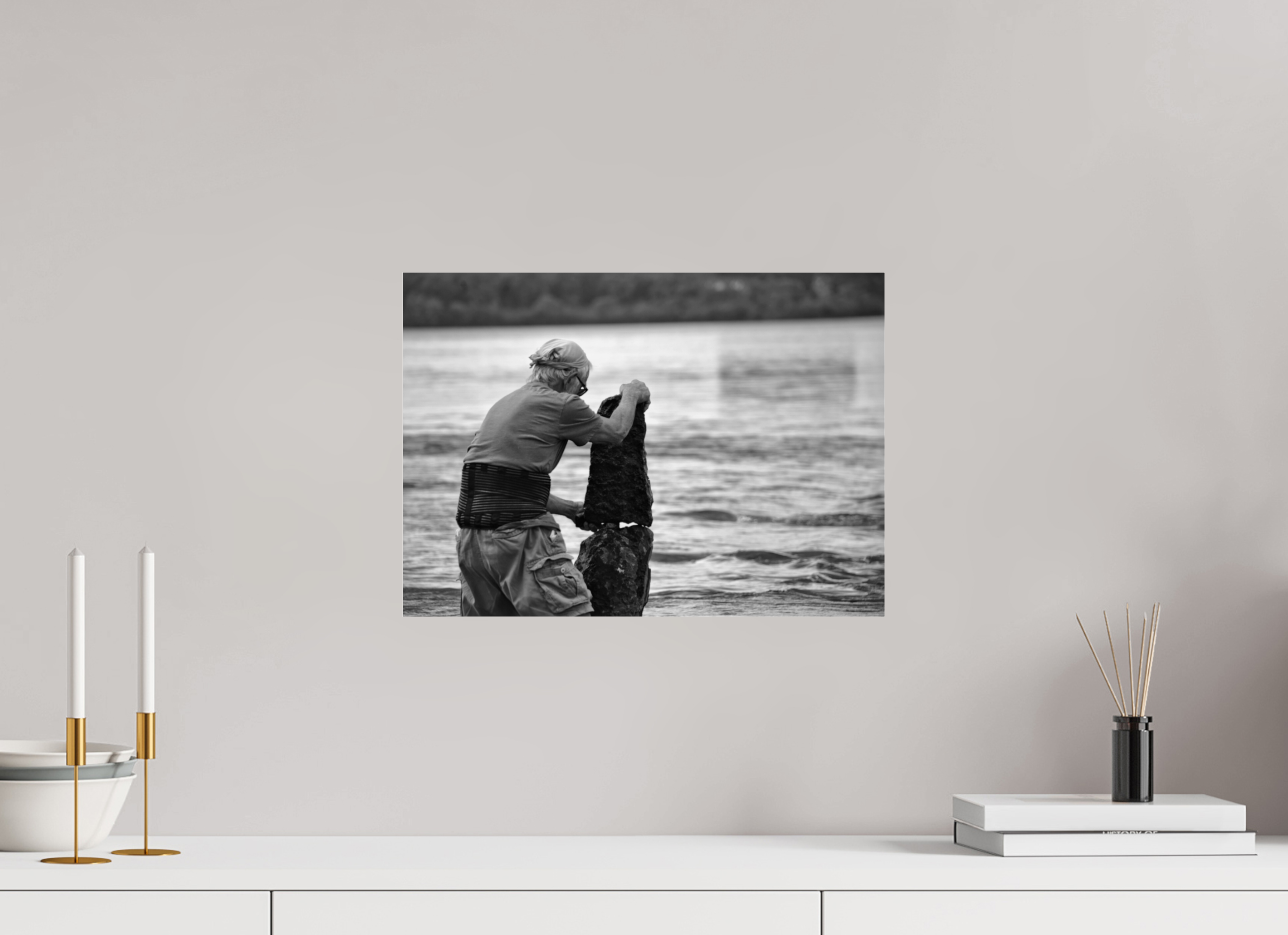 42 x 30 cm, B&W Baseline, No Frame, Rails. Balancing River Stones