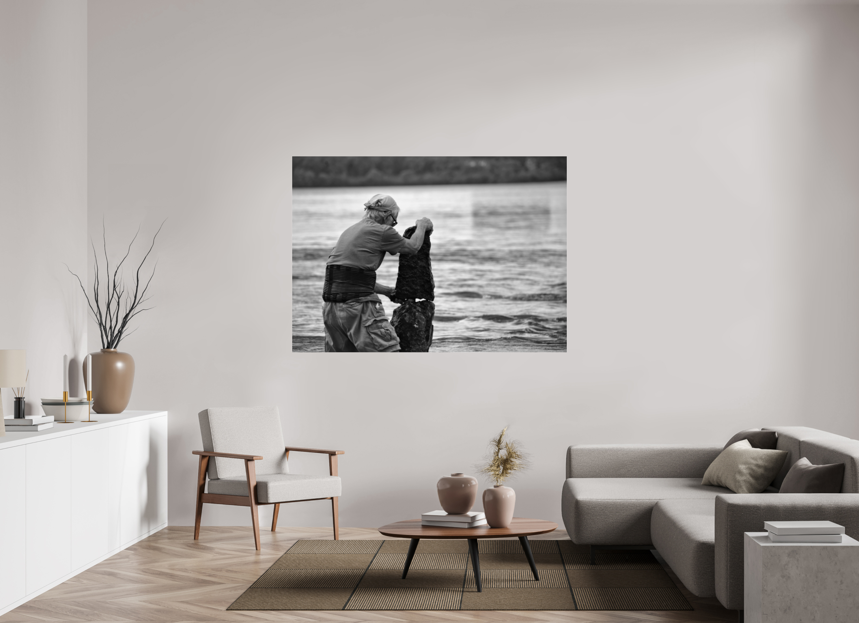 168 x 120 cm, B&W Baseline, No Frame, Rails. Balancing River Stones