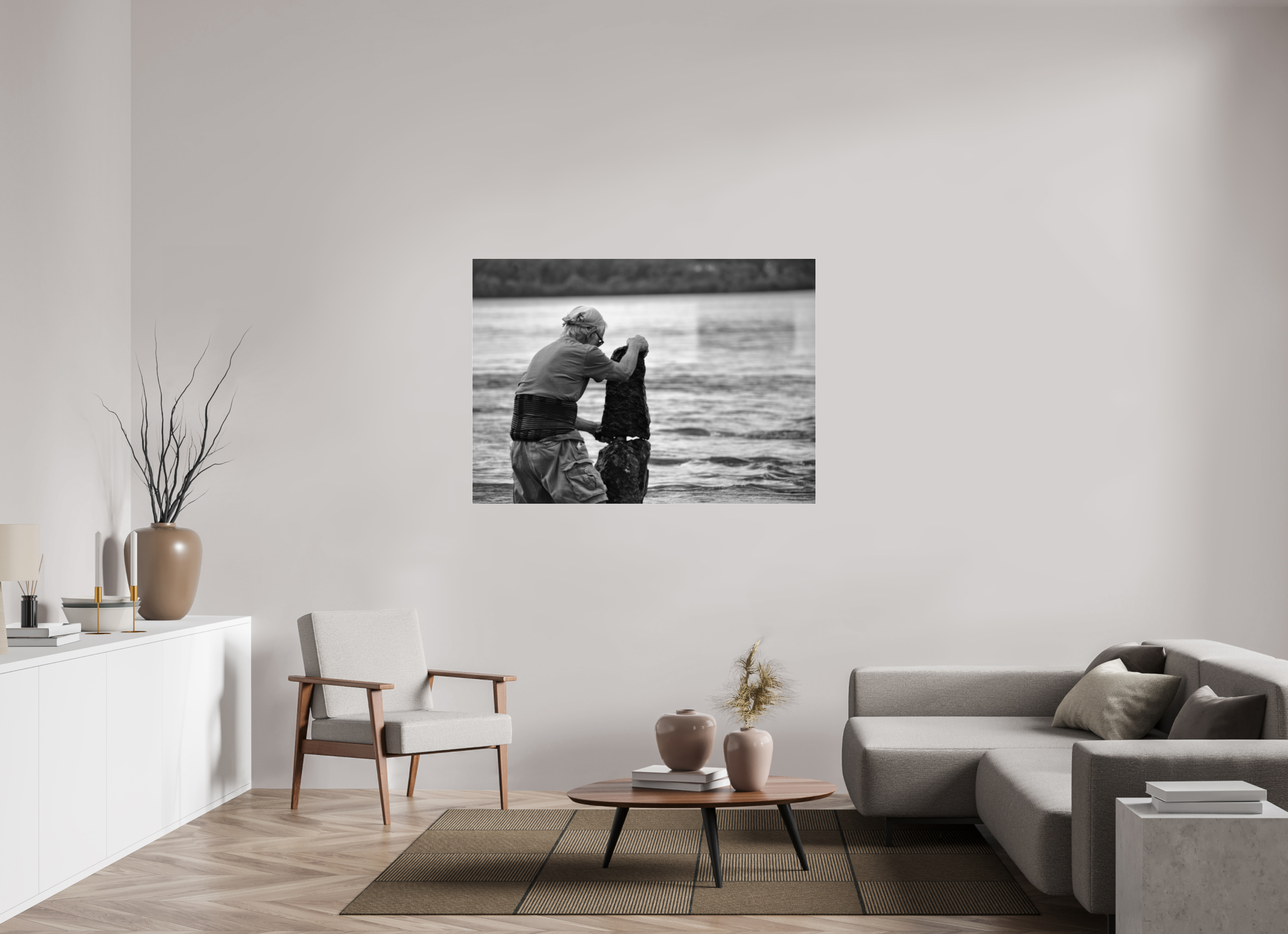 140 x 100 cm, B&W Baseline, No Frame, Rails. Balancing River Stones